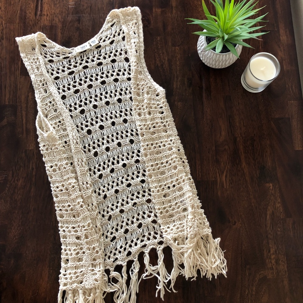 Ivory Lace Shawl Vest with Fringe
